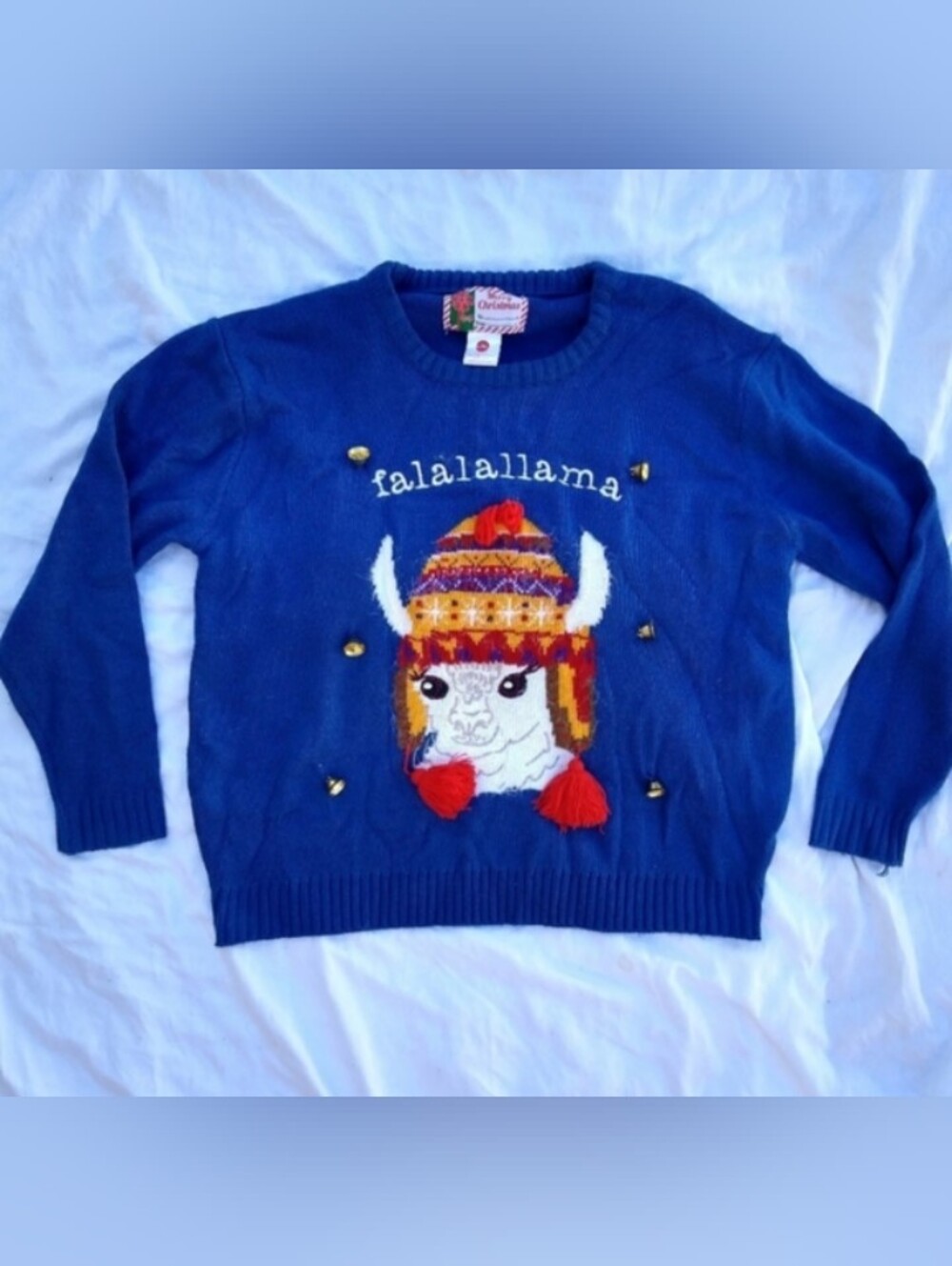 "Falalallama" Ugly Christmas Sweater Royal Blue Llama with 3D Bells Large XLarge